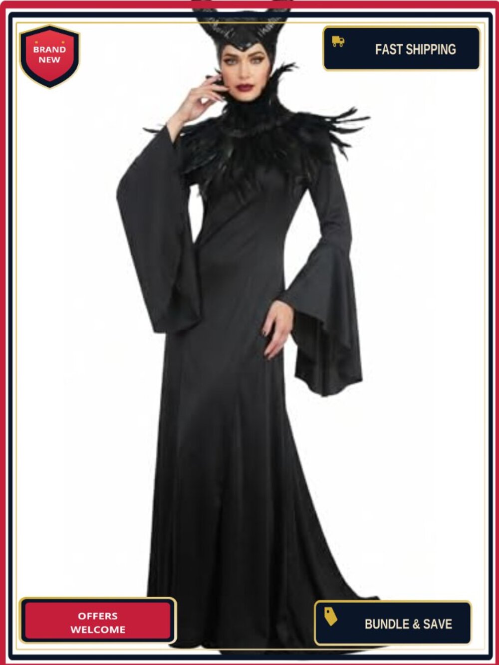 UQJE Women's Gothic Witch Halloween Costume Dress with Feather Shawl and Horn